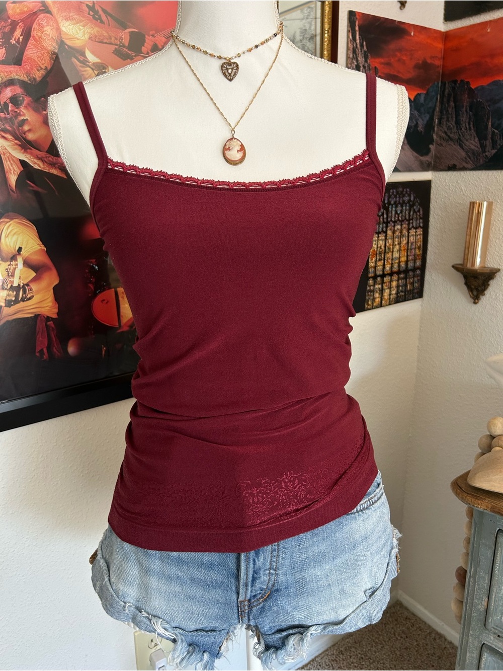 Y2K 90s Whimsigoth Camisole Size S Lace Trim Dark Romantic Embroider Dainty Goth